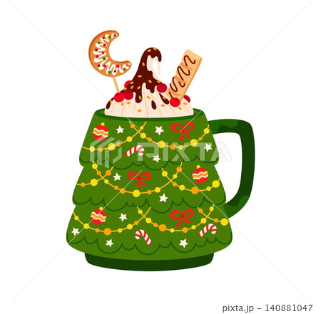 Christmas tree shaped mug filled with eggnog, hot chocolate and cocoa dessert drink, topped with whipped cream and chocolate drizzle. Cartoon pine spruce tree cup decorated with cookies and sweets 140881047