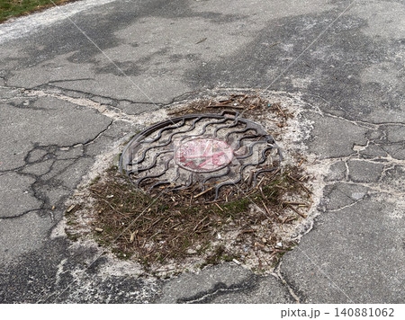 A circular iron manhole cover sits embedded in aged cracked asphalt, surrounded by scattered debris and weathered ground, reflecting urban neglect within a public road infrastructure A circular iron manhole cover sits embedded in aged cracked asphalt, surrounded by scattered debris and weathered ground, reflecting urban neglect within a public road infrastructure 140881062