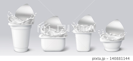 Realistic plastic yogurt cups, dairy yoghurt package mockup with open foil lids and crown splashes. Vector 3d white containers of milk yogurt, sour cream cups or yoghurt sauce pots, food packaging 140881144
