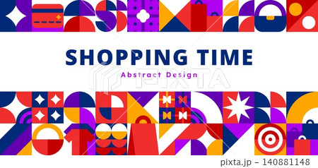 Sale and shopping time banner with geometric pattern. Abstract minimalist art background with trendy shapes mosaic of shopping bags, gift boxes, purses and credit cards, black friday ornament Sale and shopping time banner with geometric pattern. Abstract minimalist art background with trendy shapes mosaic of shopping bags, gift boxes, purses and credit cards, black friday ornament 140881148