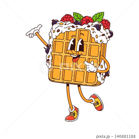Cartoon retro waffle mascot with happy face. Groovy Belgian waffle buried under mound of whipped cream, topped with raspberries and blueberries. Nostalgic character for waffle food truck signage Cartoon retro waffle mascot with happy face. Groovy Belgian waffle buried under mound of whipped cream, topped with raspberries and blueberries. Nostalgic character for waffle food truck signage 140881188