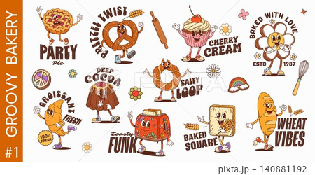 Y2K groovy funky pastry and bakery characters stickers and patches, cartoon vector. Groovy cupcake and funny pudding with trippy toast bread and cookie biscuit or hippie pretzel bun with happy face 140881192