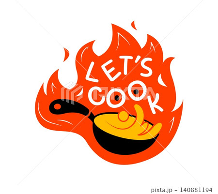Let us cook icon with frying pan for kitchen cooking or chef gourmet cuisine restaurant emblem. Frypan and fire flame icon for cooking school or gourmet bar or fast food and catering menu emblem Let us cook icon with frying pan for kitchen cooking or chef gourmet cuisine restaurant emblem. Frypan and fire flame icon for cooking school or gourmet bar or fast food and catering menu emblem 140881194
