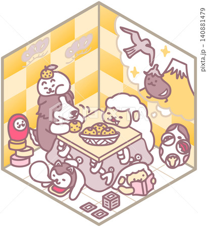 年賀状素材 羊と犬 正月イラスト コタツ アイソメトリック デザイン 年賀状素材 羊と犬 正月イラスト コタツ アイソメトリック デザイン 140881479