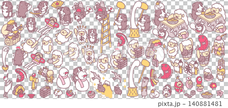 新年賀卡插圖：羊和狗，吉祥象徵，羊年，狗年，中國生肖。 140881481