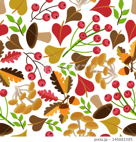 Red berries, acorns, colorful autumn leaves, mushrooms, white background. Seamless floral pattern-145.  140881585