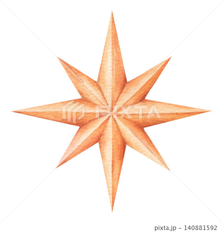 Christmas eight-pointed star in warm golden, beige, and ochre tones with soft gradients. Hand-drawn watercolor illustration, isolated on a white background. Ideal for Christmas decor, holiday design. 140881592