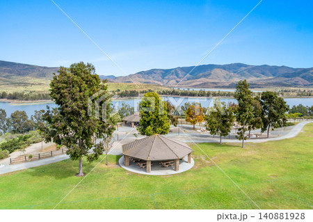 Aerial view Otay Lakes County Park in Chula Vista, California, a scenic view of a mountain range 140881928