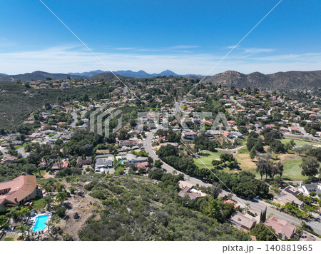 Aerial view of Ramona neighborhood with mountain, valley and golf course Aerial view of Ramona neighborhood with mountain, valley and golf course 140881965