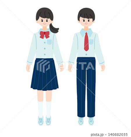ブレザーとキュロットスカートを履いた女の子とブレザーとズボンを履いた男の子の学生 ブレザーとキュロットスカートを履いた女の子とブレザーとズボンを履いた男の子の学生 140882035