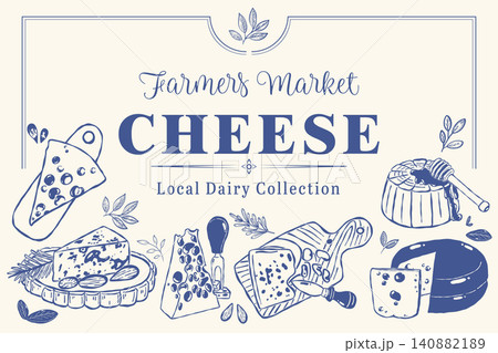 Farmers Market Cheese Poster with Local Dairy Collection and Elegant Blue Line Art 140882189