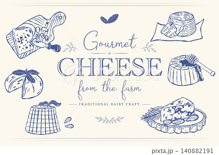 Gourmet Cheese Poster with Artisan Dairy Food Illustrations in Vintage Blue Line Style Gourmet Cheese Poster with Artisan Dairy Food Illustrations in Vintage Blue Line Style 140882191