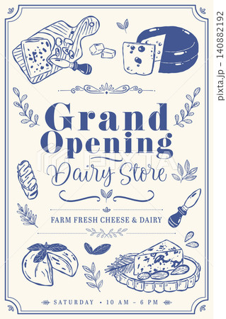 Grand Opening Dairy Store Poster with Farm Fresh Cheese Illustrations and Vintage Typography 140882192