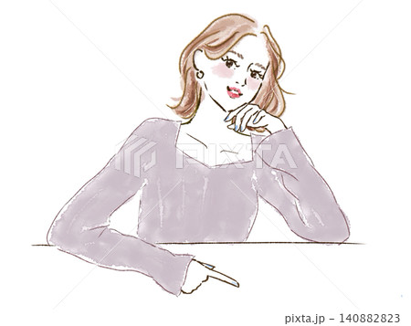 人差し指で指す頬杖をつく女性 人差し指で指す頬杖をつく女性 140882823