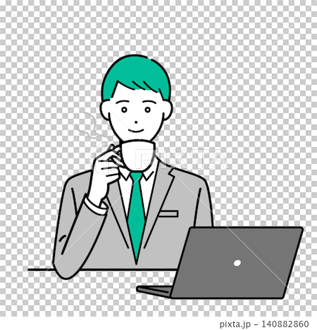 一幅簡單的男士上半身向量插圖，他穿著商務西裝，正在喝咖啡。 140882860