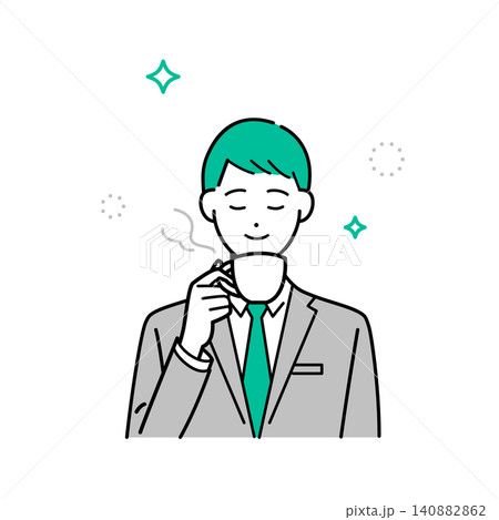 ビジネススーツ姿の男性がゆったりとコーヒーを飲んでいるシンプルな上半身ベクターイラスト 140882862