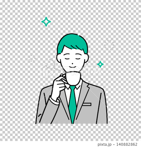 ビジネススーツ姿の男性がゆったりとコーヒーを飲んでいるシンプルな上半身ベクターイラスト 140882862