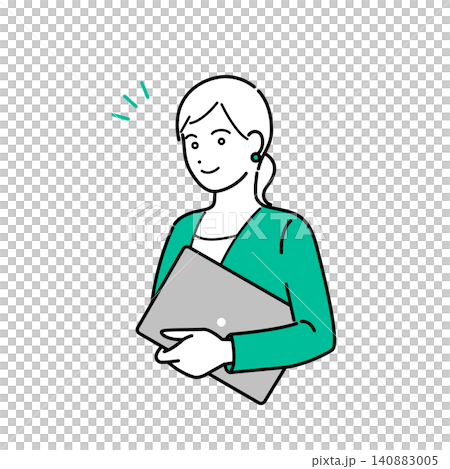 A simple upper body vector illustration of a woman in a business suit holding a PC. A simple upper body vector illustration of a woman in a business suit holding a PC. 140883005