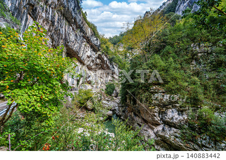 Walking through the Anisclo Canyon in Spain. One of the most spectacular landscapes in Aragon, Pyrenees in Spain 140883442