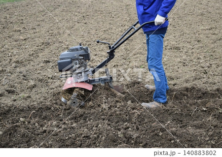 Planting potatoes under the walk-behind tractor Planting potatoes under the walk-behind tractor 140883802