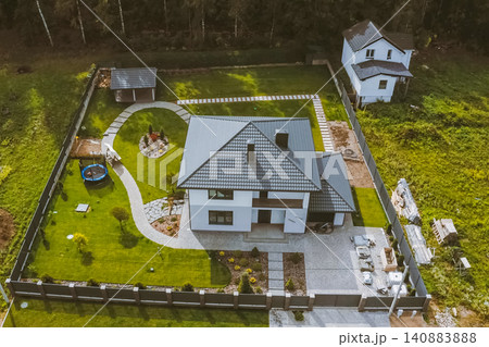 Corrugated metal roof and metal roofing. Modern roof made of metal. 140883888