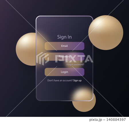 Dark Glass morphism style login interface with golden spheres and a matte map. Dark Glass morphism style login interface with golden spheres and a matte map. 140884397
