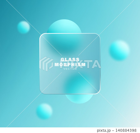 Turquoise glassmorphism square panel with blurred cyan spheres on gradient background Turquoise glassmorphism square panel with blurred cyan spheres on gradient background 140884398