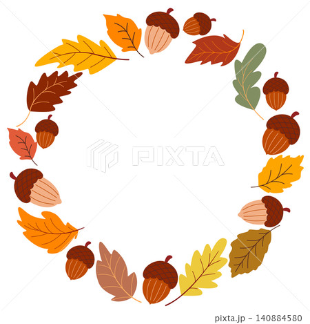Round frame of autumn leaves and acorns 140884580