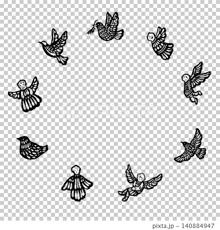 A circular monochrome wreath frame with doves and angels that can be used as a background for Christmas cards. A circular monochrome wreath frame with doves and angels that can be used as a background for Christmas cards. 140884947