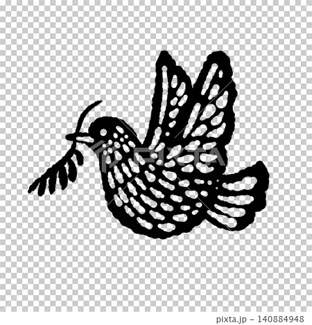 A hand-drawn monochrome silhouette illustration of a dove flying with an olive branch in its beak. A hand-drawn monochrome silhouette illustration of a dove flying with an olive branch in its beak. 140884948
