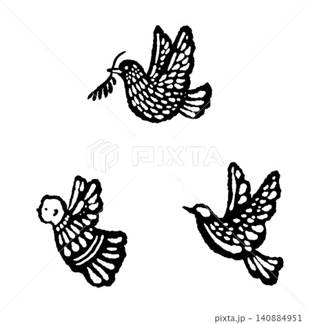 オリーブの枝を持つ鳩のモノクロシルエット3羽セットの手描きイラスト オリーブの枝を持つ鳩のモノクロシルエット3羽セットの手描きイラスト 140884951