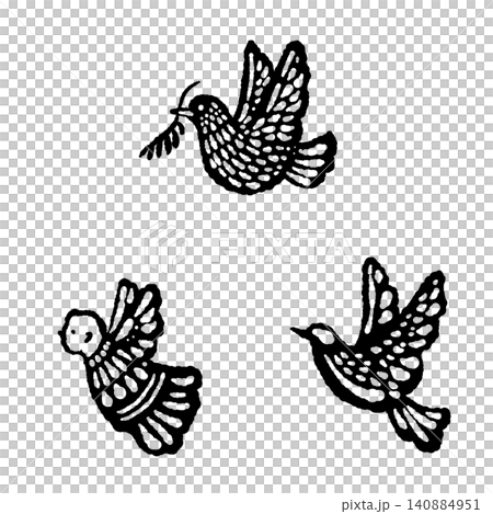 オリーブの枝を持つ鳩のモノクロシルエット3羽セットの手描きイラスト オリーブの枝を持つ鳩のモノクロシルエット3羽セットの手描きイラスト 140884951