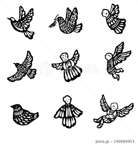 クリスマスの装飾に使える鳩と天使のモノクロシルエットたっぷりセットイラスト クリスマスの装飾に使える鳩と天使のモノクロシルエットたっぷりセットイラスト 140884953