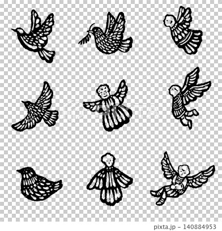 クリスマスの装飾に使える鳩と天使のモノクロシルエットたっぷりセットイラスト クリスマスの装飾に使える鳩と天使のモノクロシルエットたっぷりセットイラスト 140884953