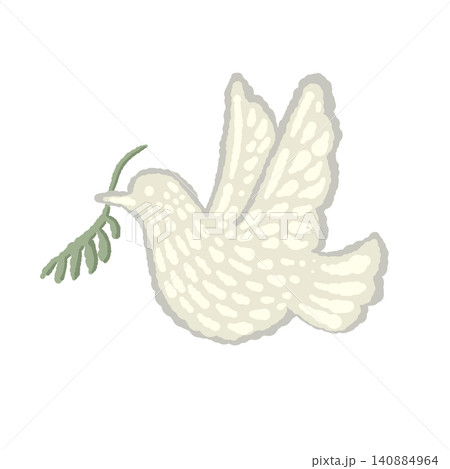 オリーブの枝をくわえて飛ぶ鳩のオーナメント手描きイラスト 140884964