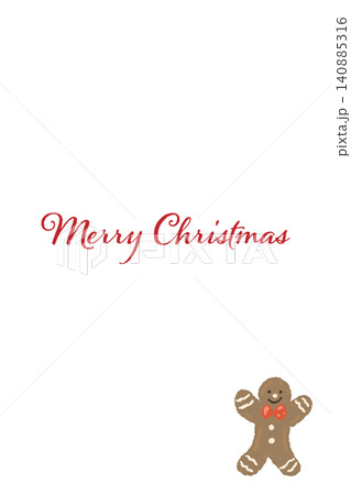 サンタ帽とキャンディケインのジンジャーマンクッキーが添えられた縦長クリスマスカード 140885316