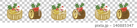 A cute line design featuring small tree stump-shaped Christmas cakes lined up in a row. A cute line design featuring small tree stump-shaped Christmas cakes lined up in a row. 140885347