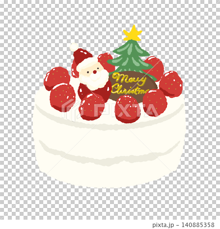 サンタとツリーが飾られた定番のいちごのホールショートケーキイラスト サンタとツリーが飾られた定番のいちごのホールショートケーキイラスト 140885358