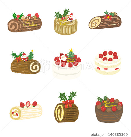 様々な種類が揃った手描き風で美味しそうなクリスマスケーキたっぷり詰め合わせセット 140885369