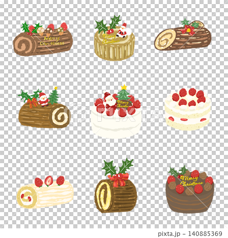 様々な種類が揃った手描き風で美味しそうなクリスマスケーキたっぷり詰め合わせセット 140885369