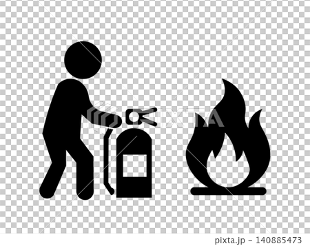 A fire and disaster prevention pictogram showing a person extinguishing a fire with a fire extinguisher. A fire and disaster prevention pictogram showing a person extinguishing a fire with a fire extinguisher. 140885473