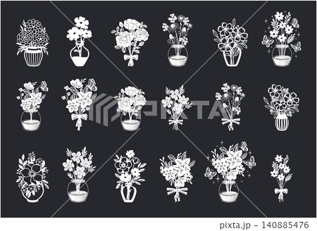 Set of flower and leaves silhouettes on the vase. 140885476