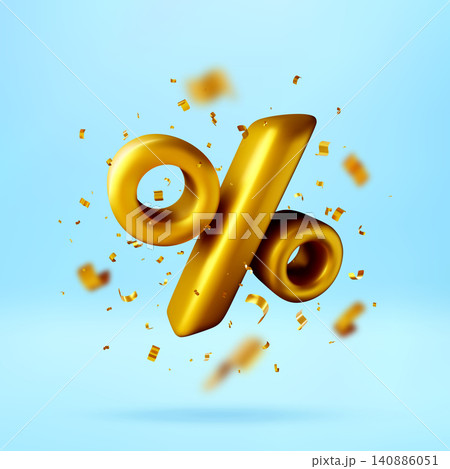 3D Golden percentage symbol with falling confetti 3D Golden percentage symbol with falling confetti 140886051