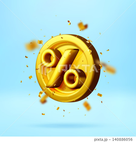 Gold percentage sign on 3d coin icon with confetti Gold percentage sign on 3d coin icon with confetti 140886056