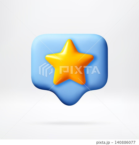 3D Yellow star icon inside a blue speech bubble. 3D Yellow star icon inside a blue speech bubble. 140886077