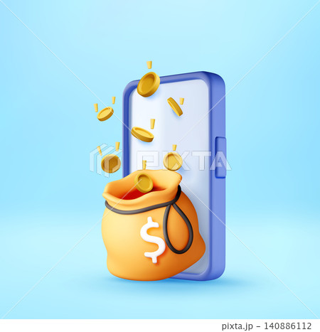 3D Gold coin falling into money bag on smartphone 3D Gold coin falling into money bag on smartphone 140886112
