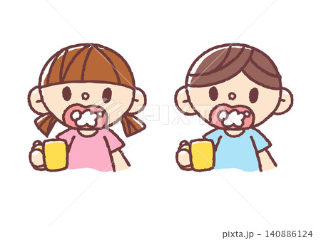 シンプルかわいいうがいをする男女の子どものイラストセット シンプルかわいいうがいをする男女の子どものイラストセット 140886124
