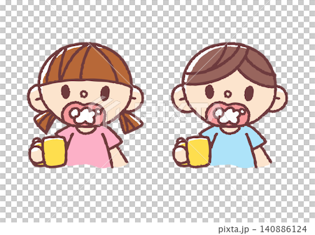 シンプルかわいいうがいをする男女の子どものイラストセット シンプルかわいいうがいをする男女の子どものイラストセット 140886124