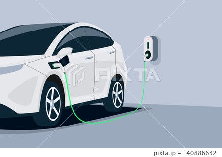 Electric Car Charging at Underground Garage on with Wall Box Charger Station 140886632