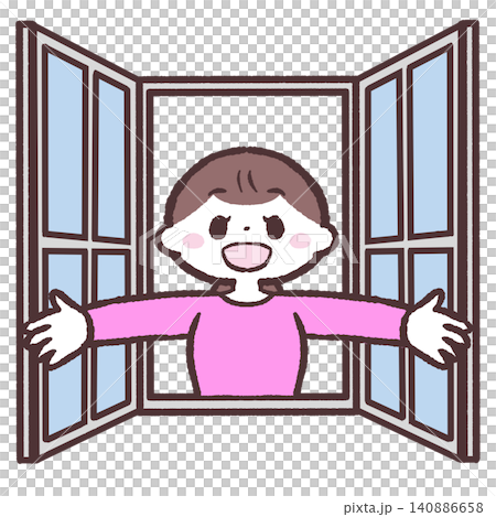 Illustration of a woman opening a window Illustration of a woman opening a window 140886658